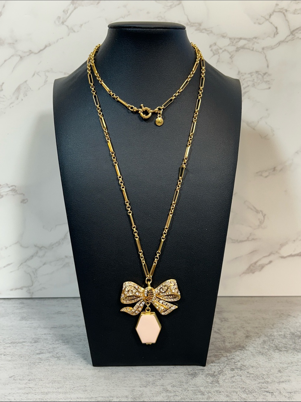 J. Crew Gold-Tone Bow locket Pendant Necklace with Pink Stone Drop